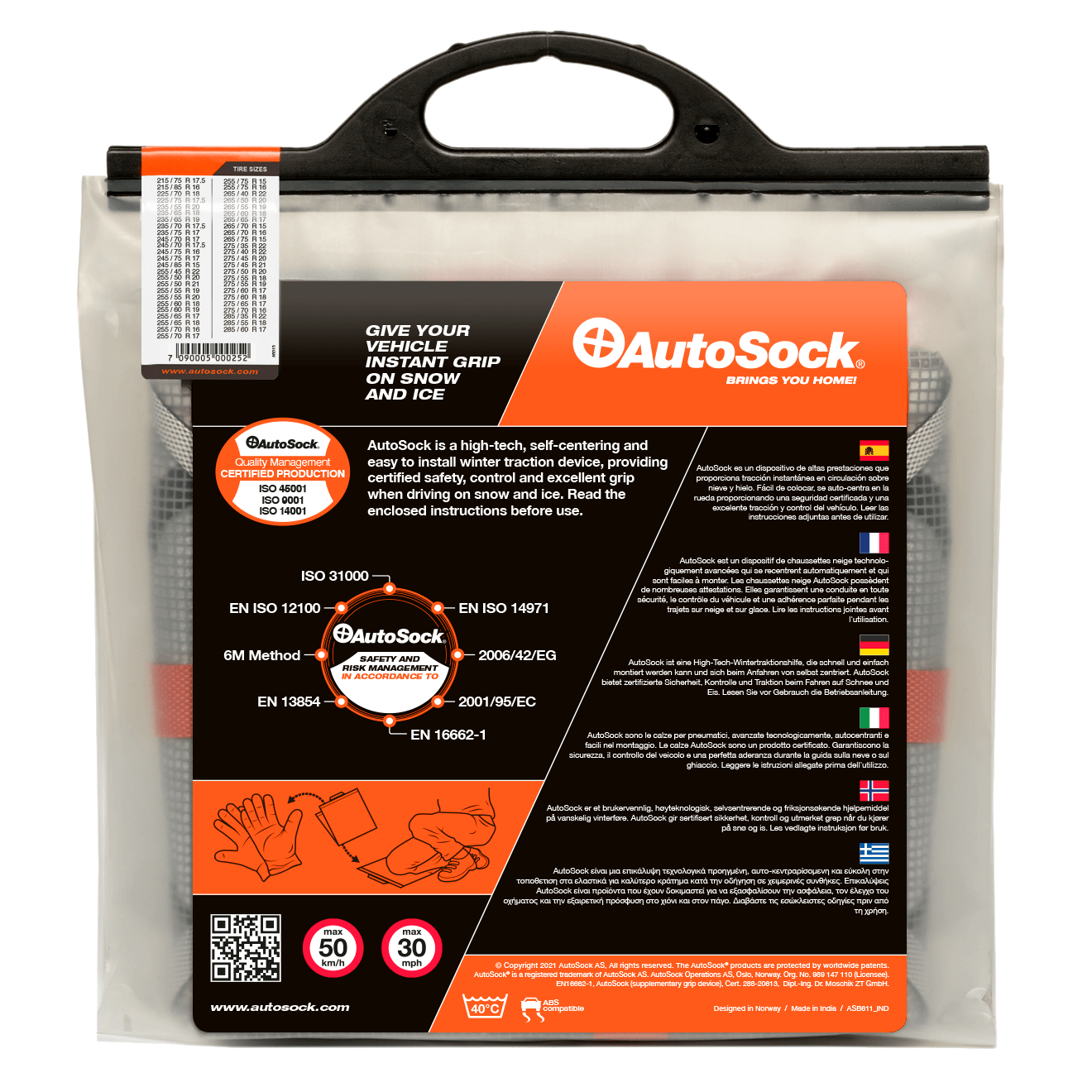 Back side of product packaging for AutoSock HP 698 HP698